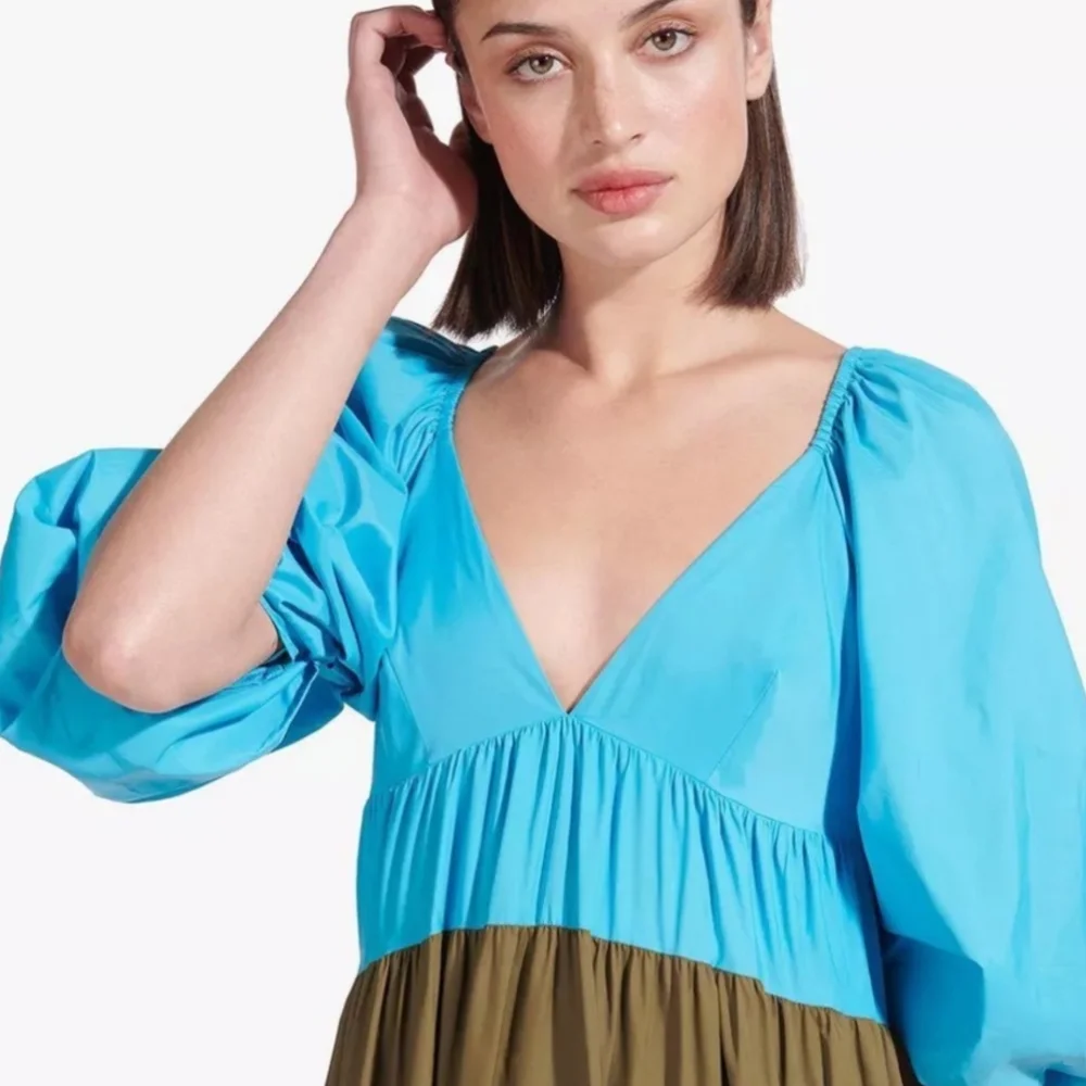 STAUD Meadow Color Block Puff Sleeve Tiered Maxi Dress Blue Black Olive Runway - Picture 6 of 13